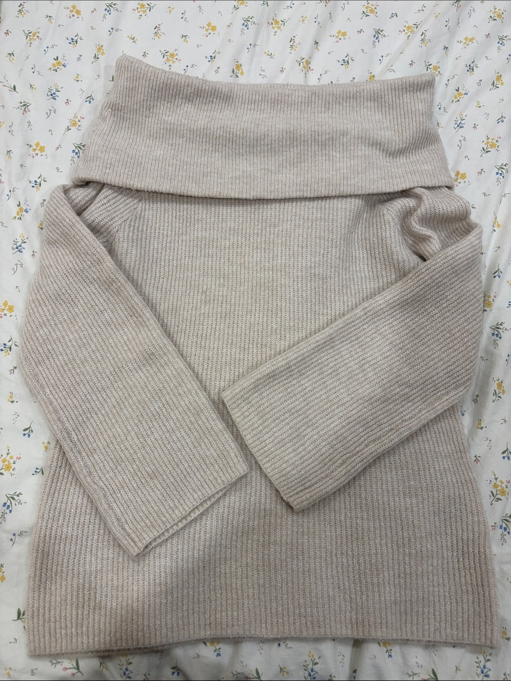 H&M Off-the-Shoulder Ribbed Knit Sweater in Light Beige